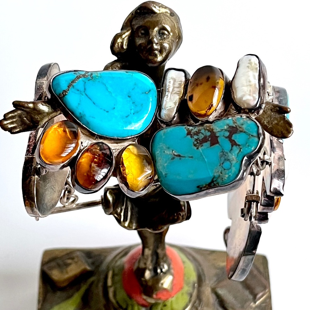 Sterling Silver Turquoise Mother of Pearl Mexico Link Bracelet